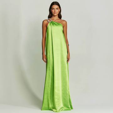 Rochie lungă metalică de satin cu un singur umăr