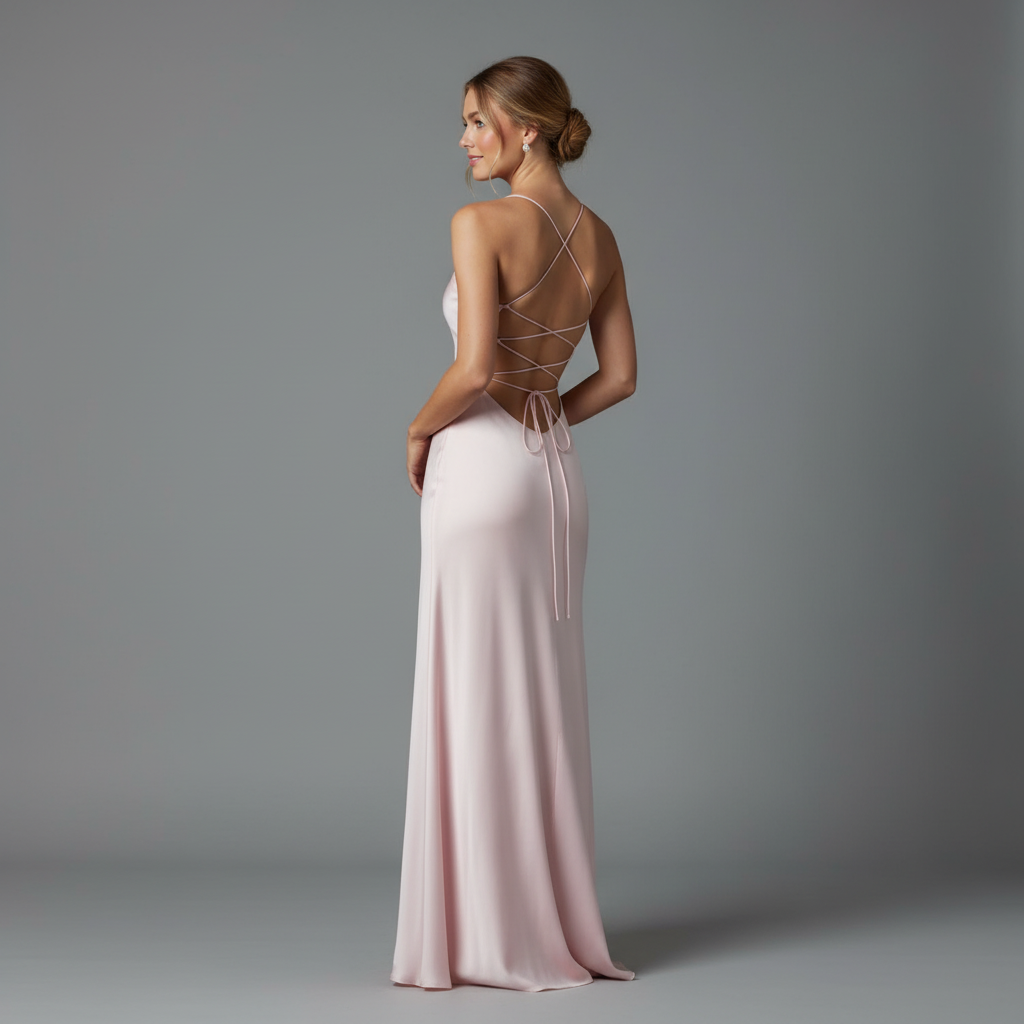 Rochie lungă de satin, fără spate, cu șliț