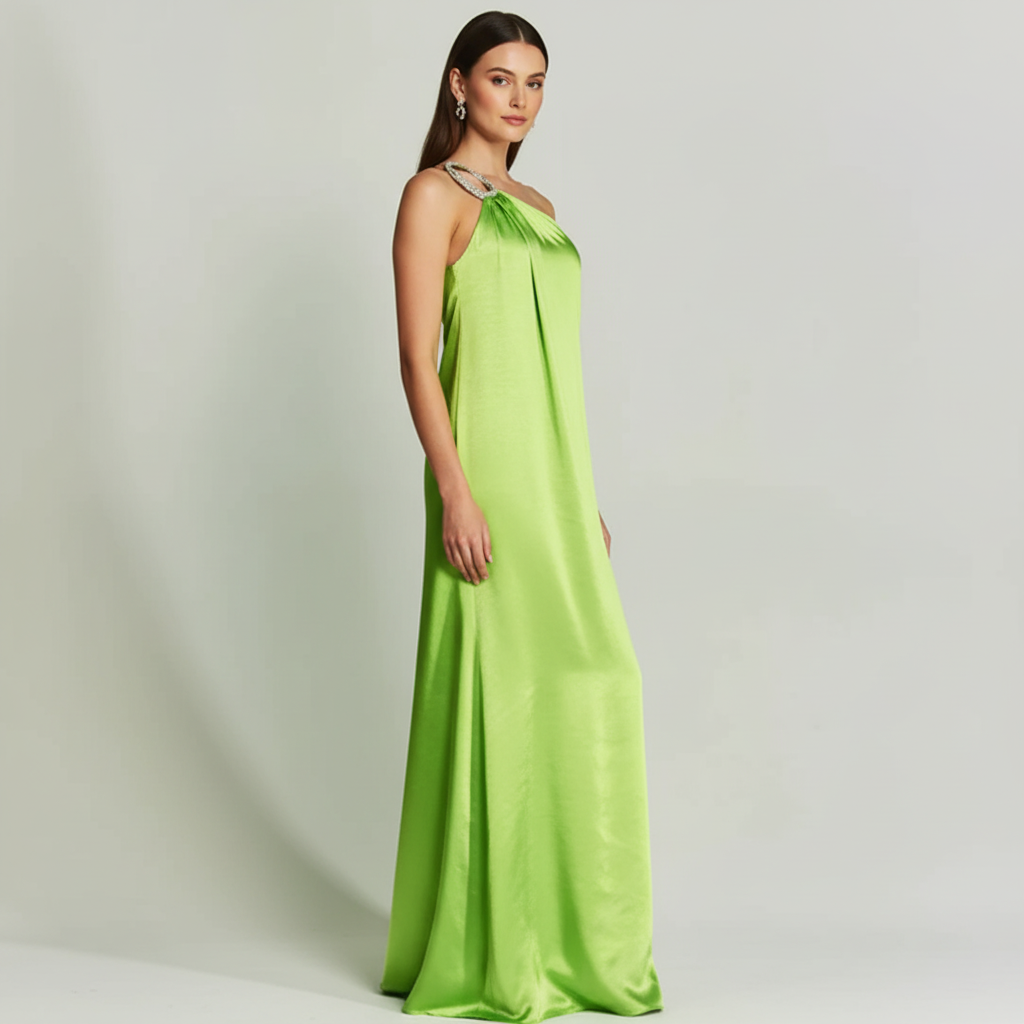Rochie lungă metalică de satin cu un singur umăr