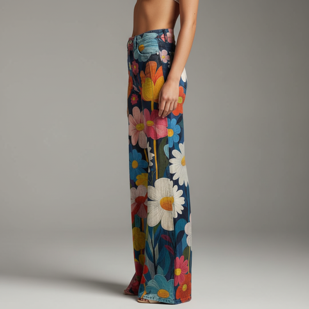 Pantalon large taille haute color-block
