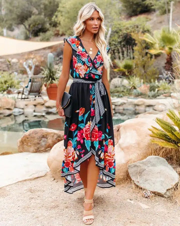 Rochie petrecută florală cu bordură decorativă