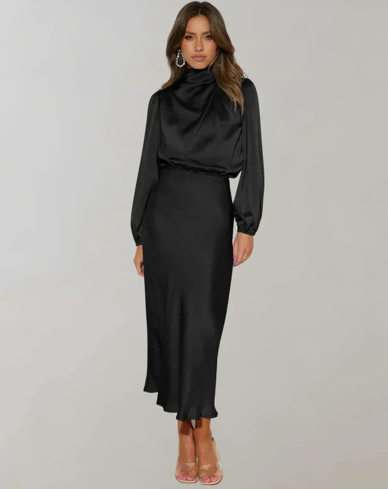 Rochie midi din satin, cu guler înalt