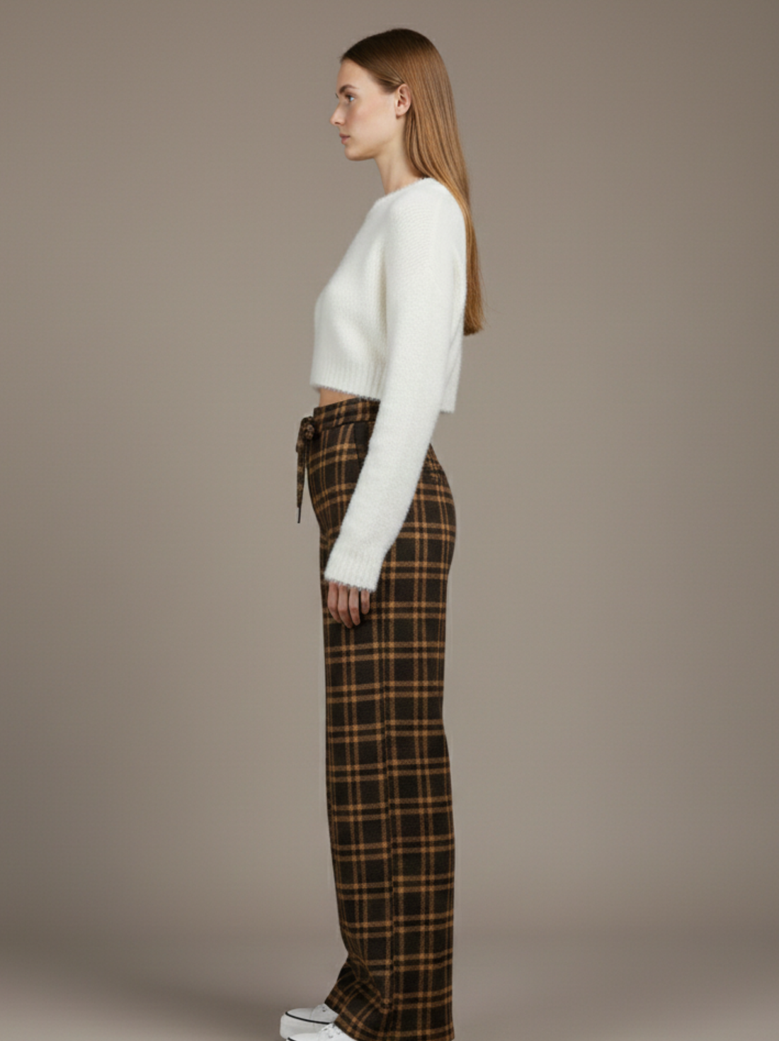 Pantalon à carreaux taille haute et coupe droite