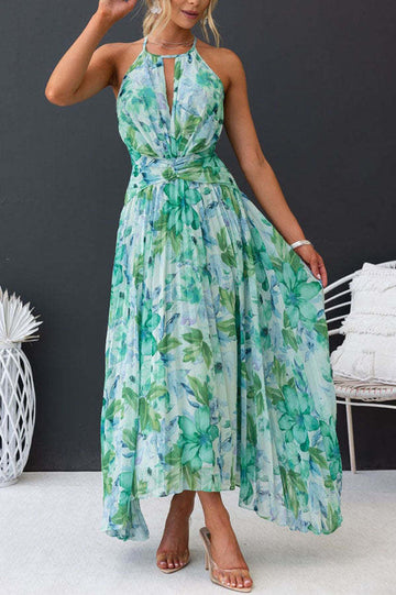 Rochie Maxi Verde Florală cu Decolteu Halter