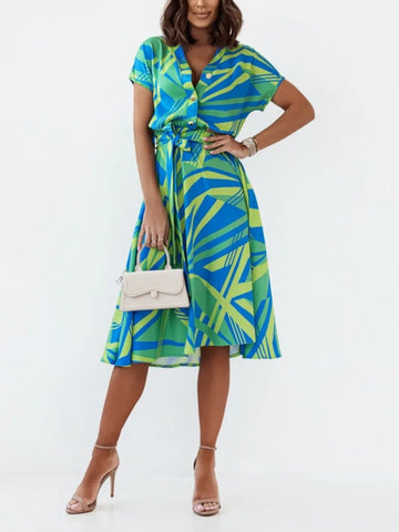 Rochie camășă cu imprimeu abstract și cordon