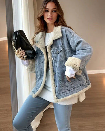 Cămașă-geacă din denim cu blană artificială tip shearling