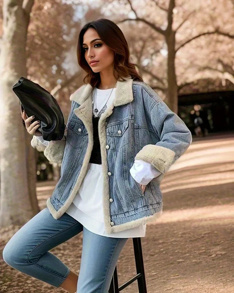 Cămașă-geacă din denim cu blană artificială tip shearling