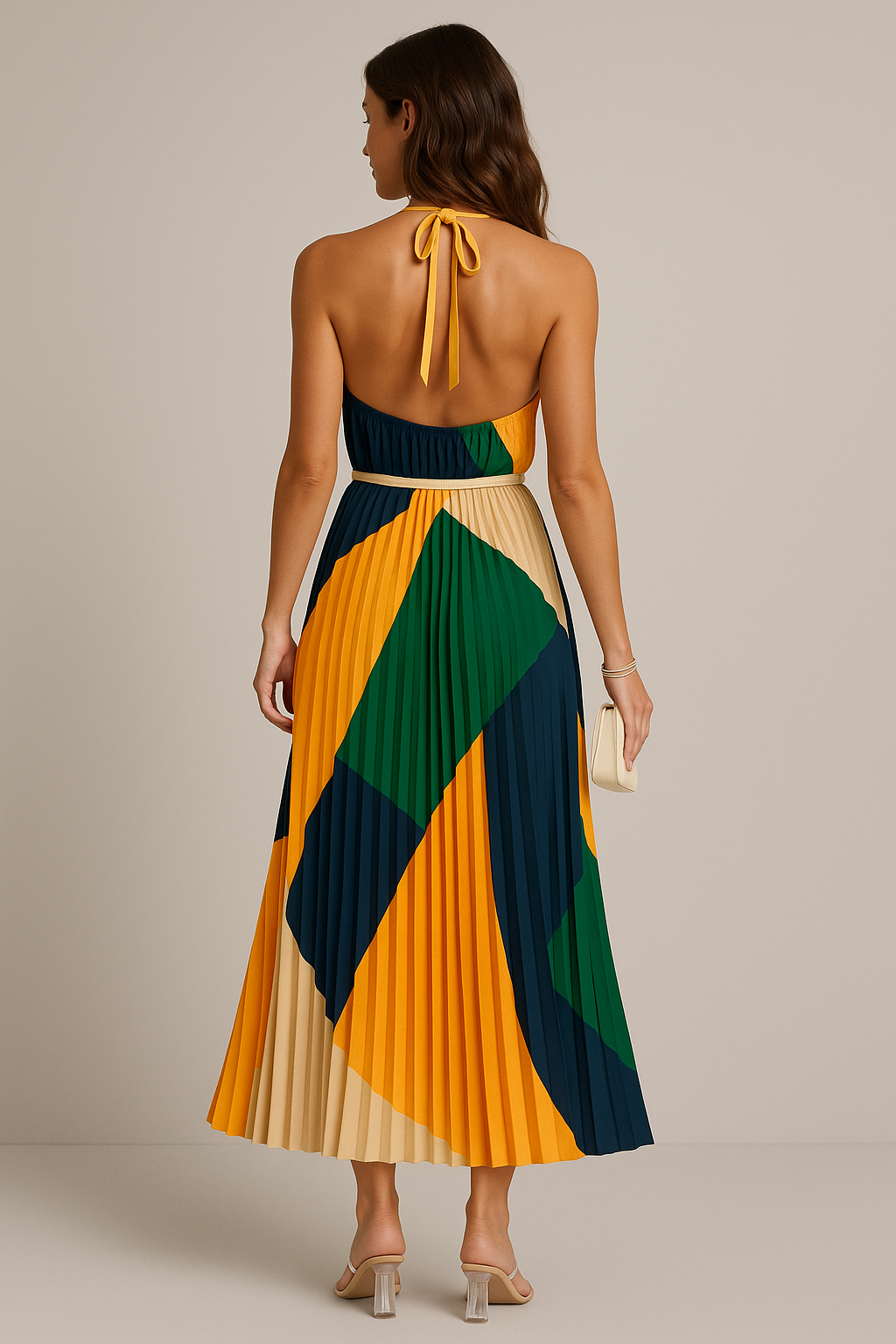 Plissiertes Neckholder-Maxikleid mit Taillenbindung