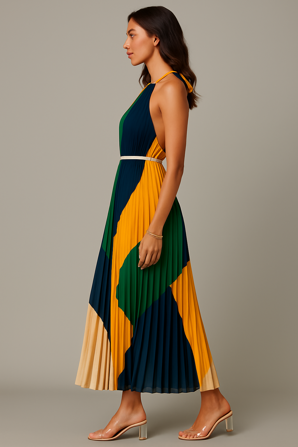 Pleated Halter Tie-Waist Maxi Dress