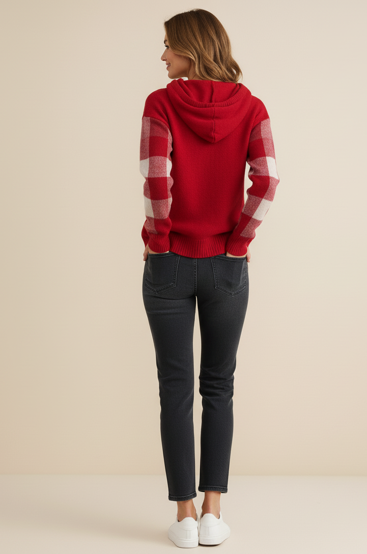 Kapuzenstrickpullover mit Karomuster an den Ärmeln