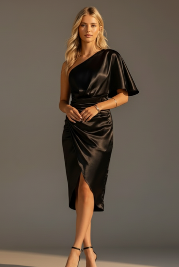 Rochie Midi Drapată din Satin, cu un umăr gol