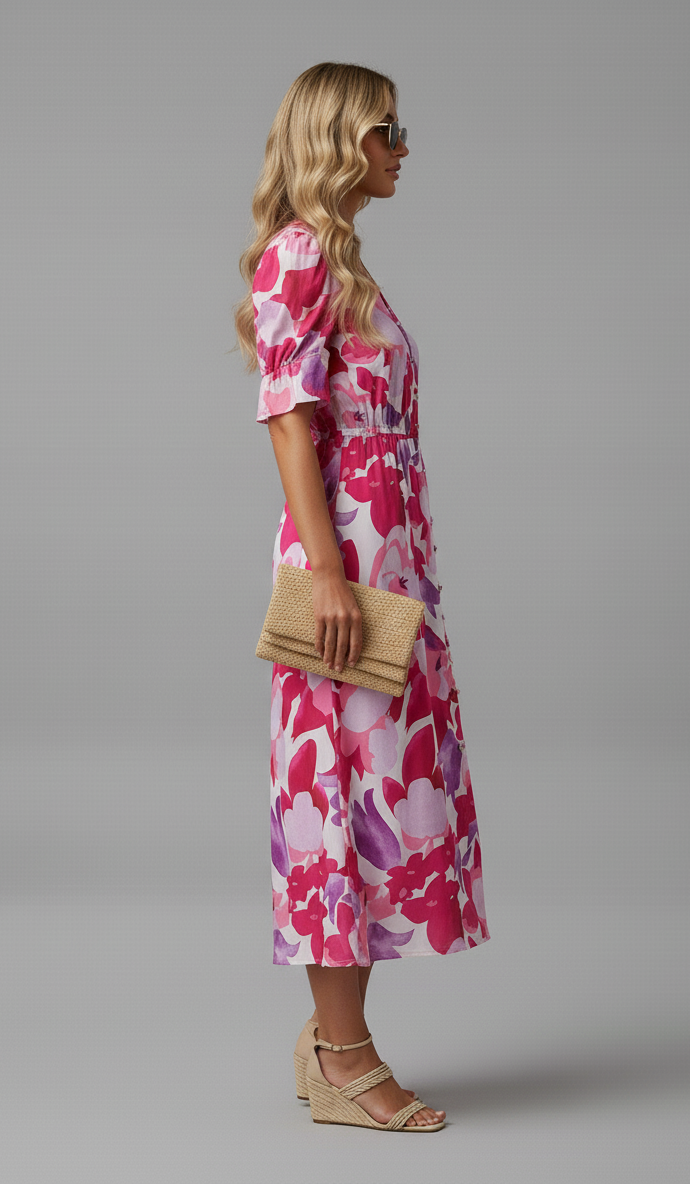 Midi-Kleid mit Puffärmeln und Wasserfarbenmuster