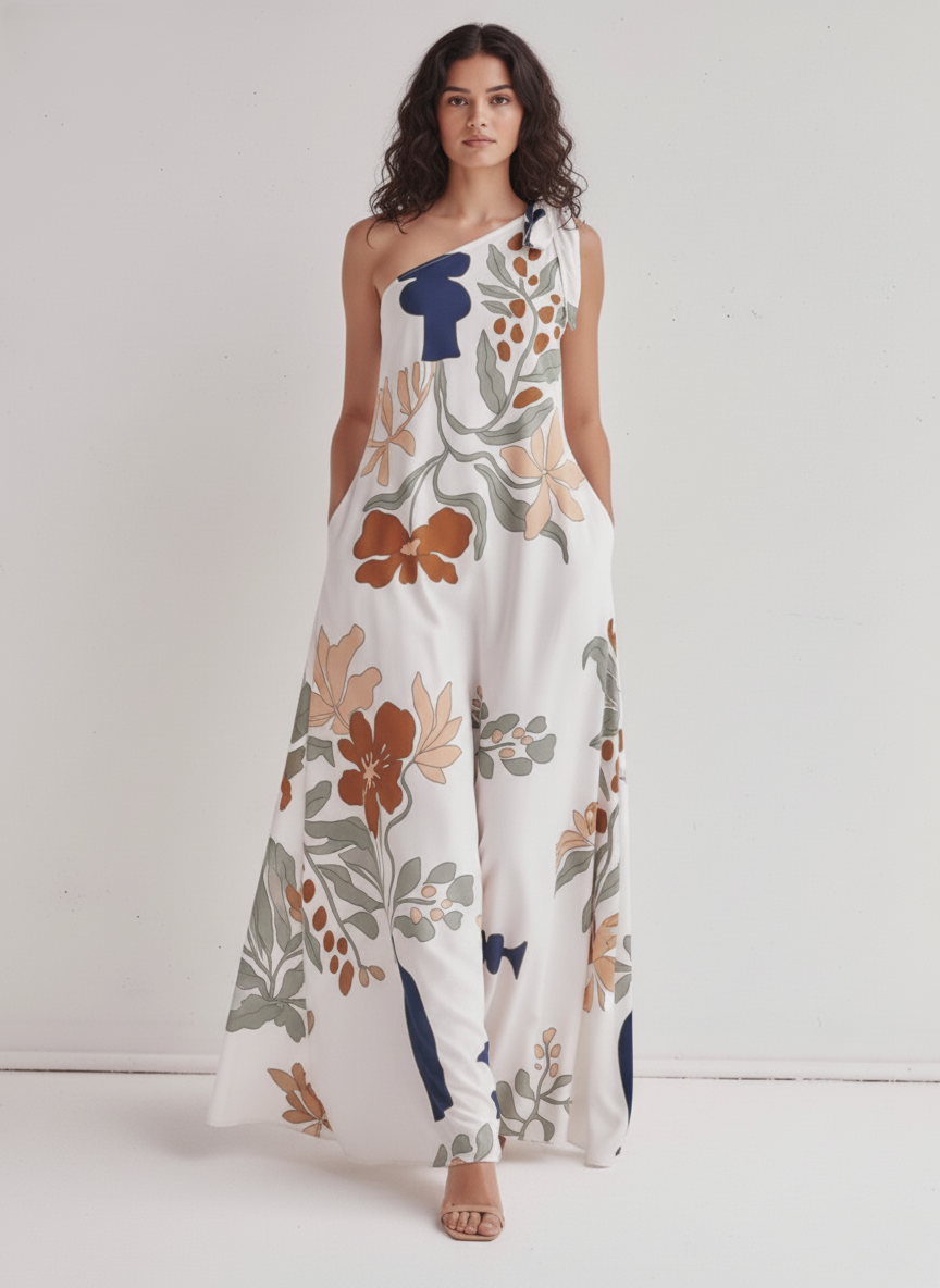 Rochie maxi imprimată cu un umăr