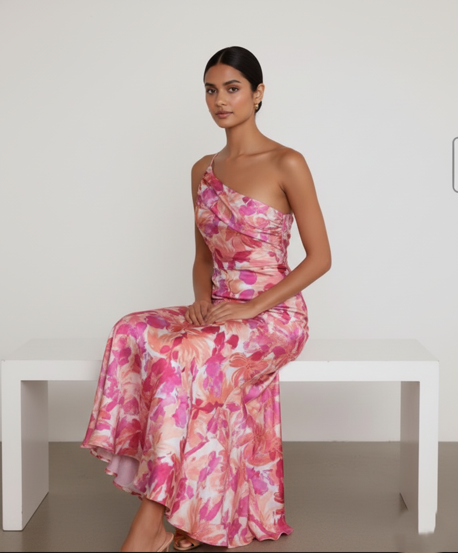 Rochie Midi Florală Tăiată Pe Bias Cu Un Umăr