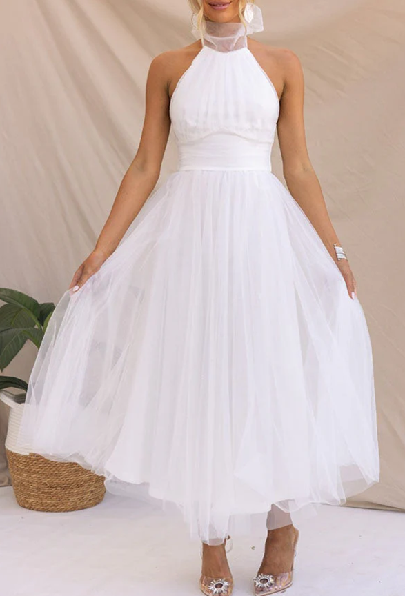Rochie lungă tip sirenă, din tul, cu guler halter