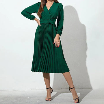 Rochie midi plisată cu mâneci lungi și cordon