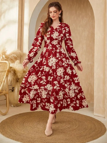 Rochie Maxi cu Volane Florale la Manșete