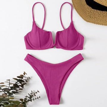 Costum de baie bikini texturat cu decolteu în V