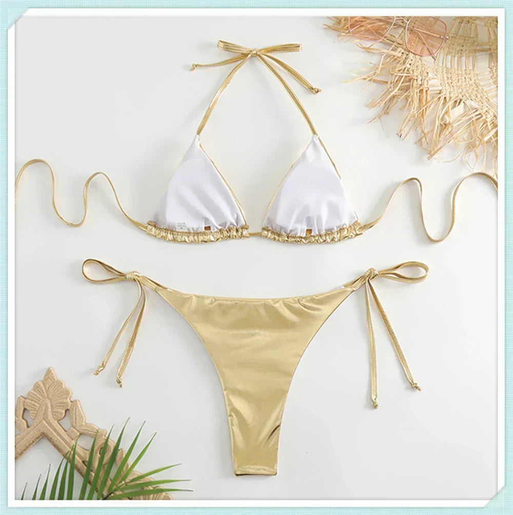 Metallic Triangel Bikini-Set zum Schnüren