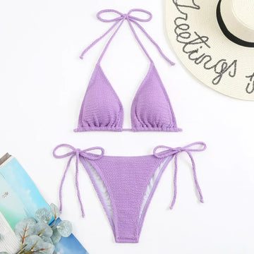 Set de bikini colorat cu dantelă și șnur