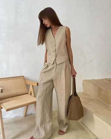 Set vestă fără mâneci din in și pantaloni cu talie înaltă