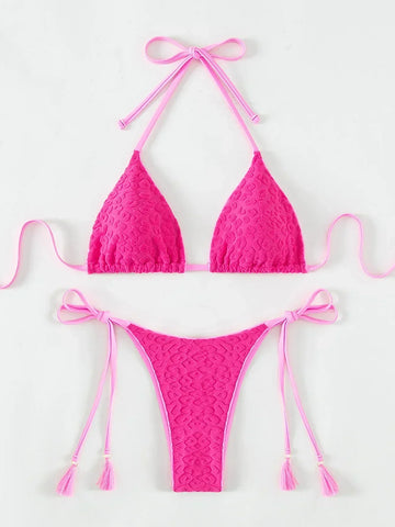 Costum de baie bikini clasic tip triunghi, roz, cu șireturi