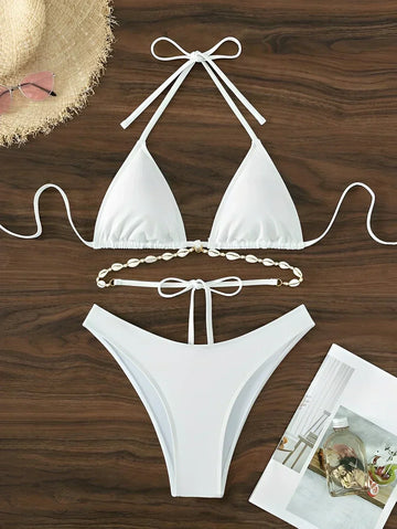 Costum de baie bikini triunghi cu decorațiuni în formă de scoică