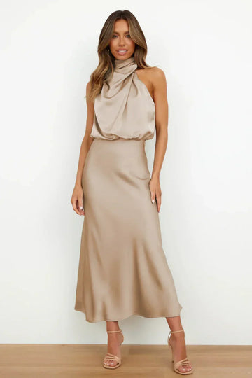 Rochie midi din satin, tip halter, drapată
