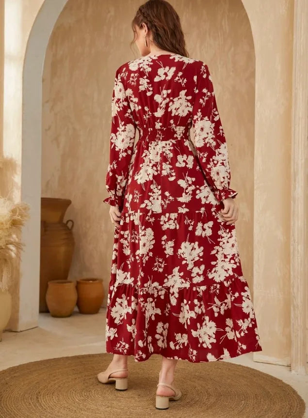Rochie Maxi cu Volane Florale la Manșete