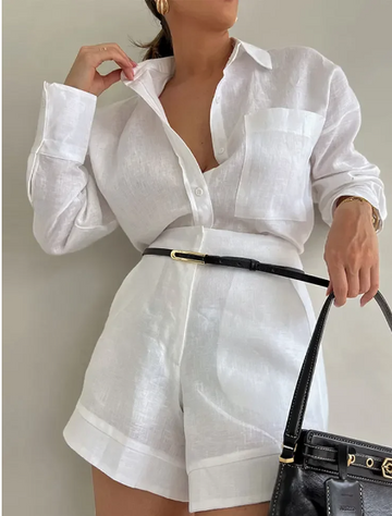 Set de cămașă cu mâneci lungi și nasturi și pantaloni scurți croiți
