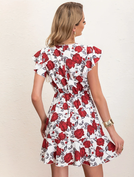 Rochie tip "fit-and-flare" cu mâneci scurte tip fluture și imprimeu floral