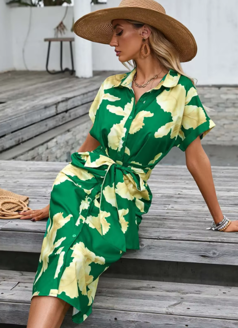 Rochie-cămașă cu imprimeu floral și cordon în talie