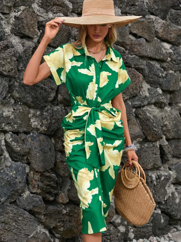 Rochie-cămașă cu imprimeu floral și cordon în talie