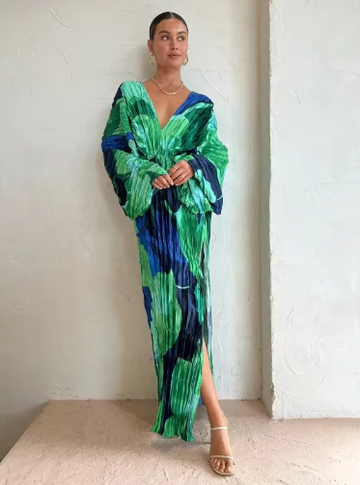 Rochie caftan plisată verde și albastră