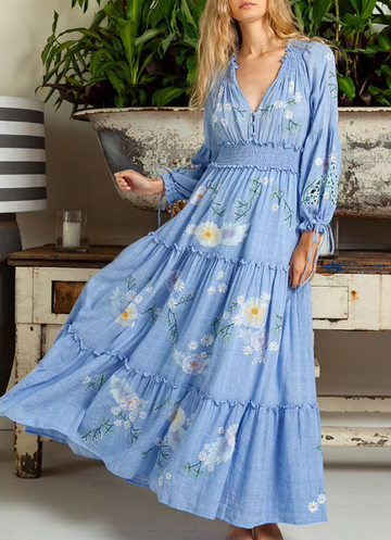 Rochie lungă boho etajată, brodată