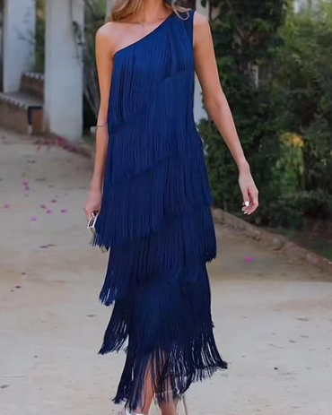 Rochie maxi asimetrică cu franjuri