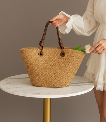 Geantă Shopper din Paie Împletite cu Barete Contrastante