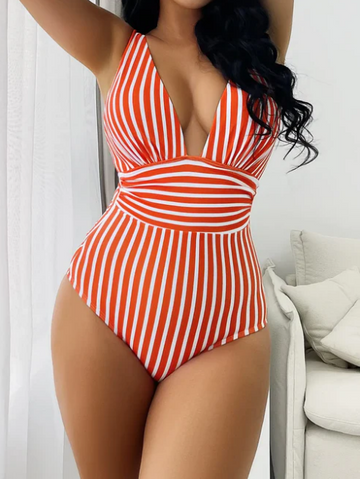 Costum de baie întreg decoltat, cu dungi