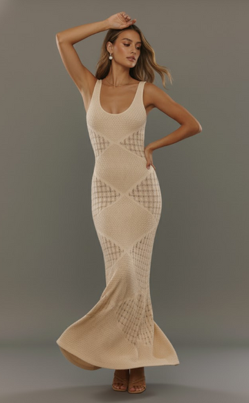 Rochie Maxi Tricotată în Două Tonuri