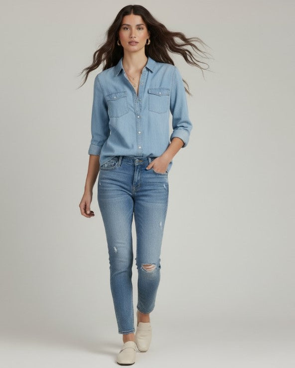 Cămașă relaxată din denim moale, cu nasturi