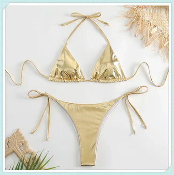 Costum de baie bikini cu șireturi și triunghi metalic
