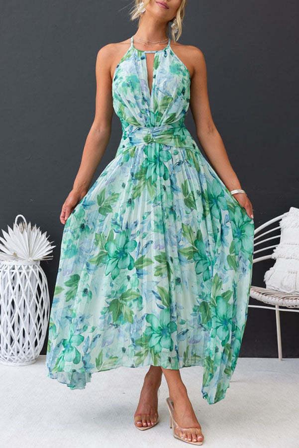 Rochie Maxi Verde Florală cu Decolteu Halter