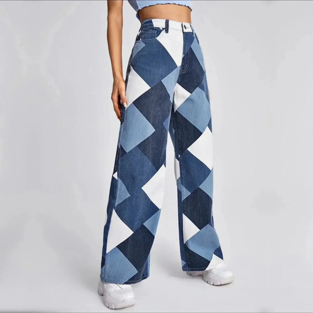 High Waist Karierte Jeans