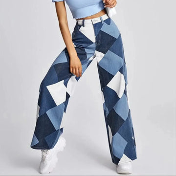 Blugi denim tip mom fit, cu imprimeu carouri