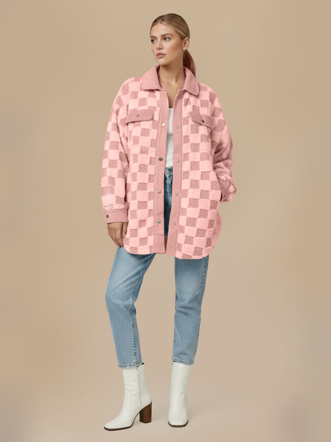 Jachetă din Fleece tip Cămașă, Carouri Crem